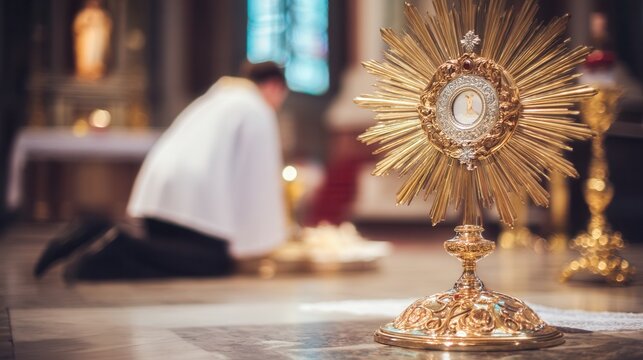 Golden monstrance stands prominently in a catholic church during a religious ceremony