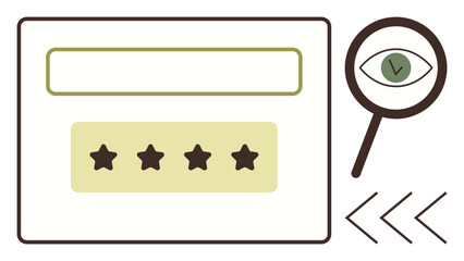 Rating interface showing four stars, search bar, magnifying glass with eye, and arrows. Ideal for feedback, reviews, evaluation, user interface, approval process quality control simple flat