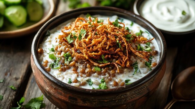 A flavorful bowl of egyptian kushari is served with lentils, rice, pasta, and fried onions