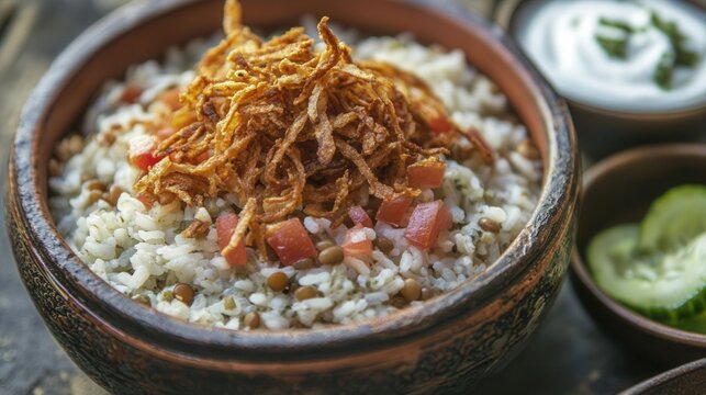 A bowl of kushari, an egyptian dish with rice, lentils, pasta, fried onions, and tomato, sits on a wooden table
