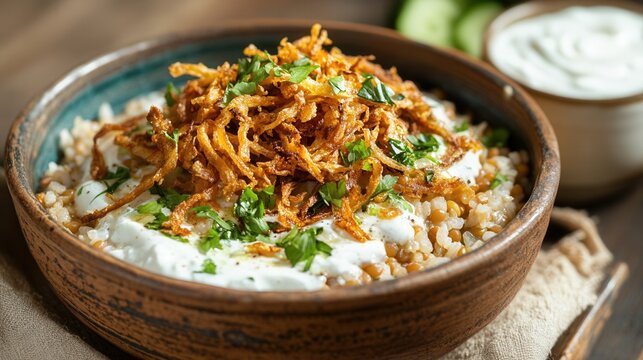 A closeup shows a bowl of kushari, an egyptian dish with lentils, rice, pasta, and fried onions