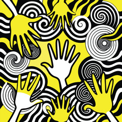 Vibrant Yellow, Black & White Abstract Art Swirling Spirals & Stylized Hands Collage