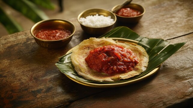 Appam, a south indian pancake, is served with chutney and coconut on a banana leaf