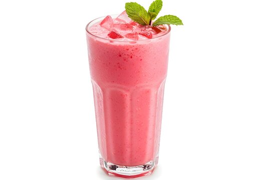 A vibrant pink Rooh Afza milkshake in a tall glass, topped with crushed ice and a mint sprig, clean white background.