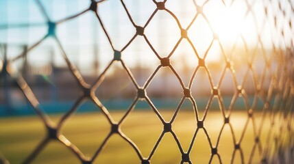 Fototapeta premium The sun shines through the soccer net on a bright day