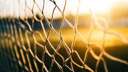 A closeup of a soccer net with the sun shining in the background