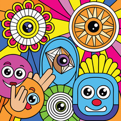 Vibrant Cartoon Faces Collage Geometric Eyes, Bold Colors