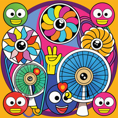 Vibrant Collage Fans, Emojis, and Swirling Patterns