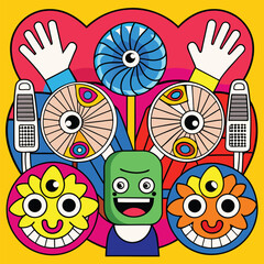 Vibrant Cartoon Collage Happy Green Character with Colorful Fans