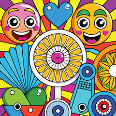 Vibrant Pop Art Collage Smiling Faces, Portable Fans, and Bold Colors