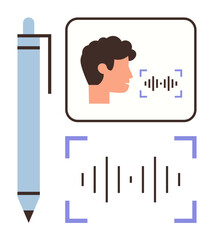 User face profile with sound wave analysis inside frame, pen beside. Ideal for speech recognition, AI, technology, innovation, communication, sound analysis user documentation. Simple flat metaphor