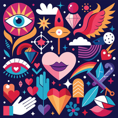 Vibrant Collage Hearts, Eyes, Lips, Rainbow, and Symbolic Objects in Bold Colors