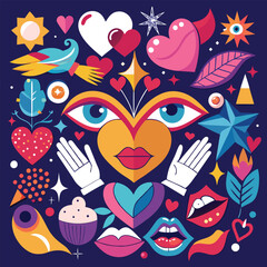 Vibrant Collage of Hearts, Eyes, Lips, and Romantic Symbols on a Dark Blue Background