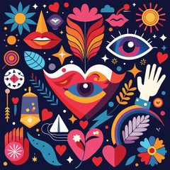 Vibrant Romantic Collage Hearts, Eyes, Flowers, Sun, Rainbow, and Abstract Shapes
