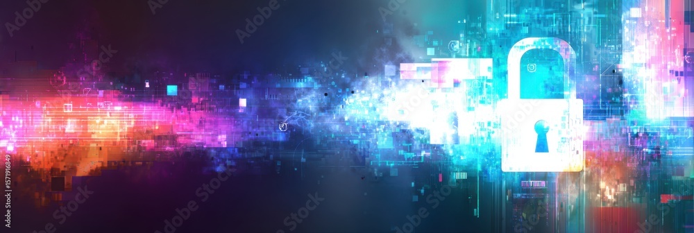 Poster a futuristic abstract background with digital elements and padlock symbols, representing the concept