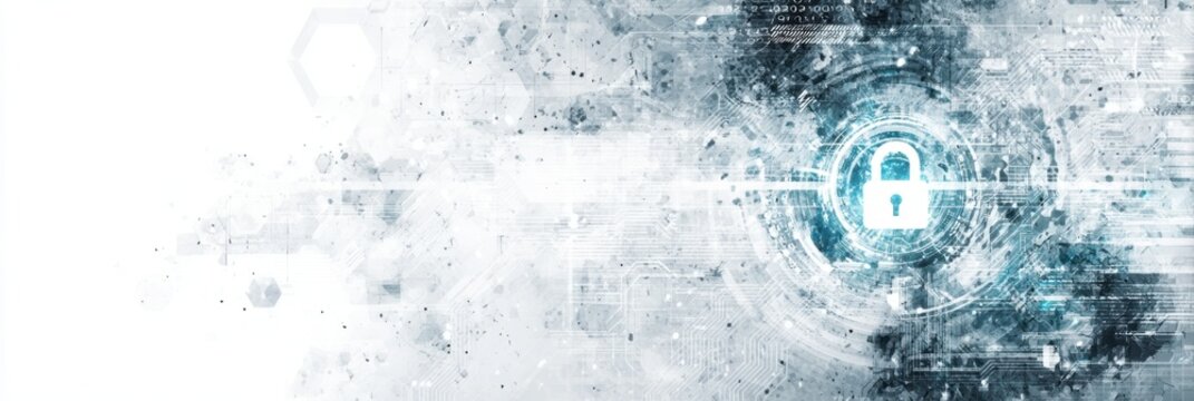Digital background featuring a digital padlock and data technology elements, creating an abstract, tech-inspired design with white space for text or product display Generative AI