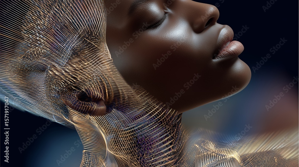 Poster dynamic representation of a woman's face with abstract light patterns showcasing the fusion of techn