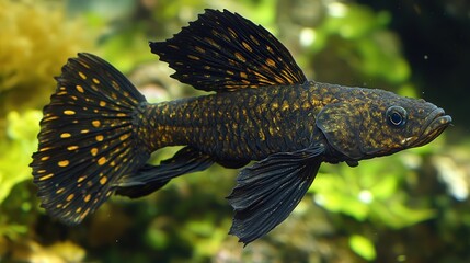 Fototapeta premium Close-up of a black fish with golden spots.