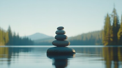 Obraz premium Stacked stones on tranquil lake water, serene scene.