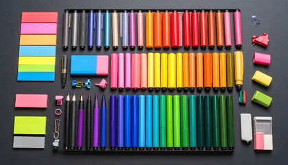 Colorful stationery arranged on black surface