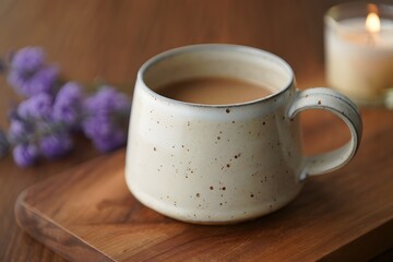 Warm Herbal Tea in Speckled Ceramic Mug on Wooden Table
