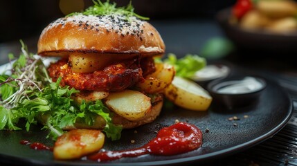 A gourmet burger is presented on a black plate with potatoes and fresh greens