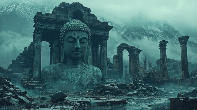 Ancient Buddha statue amidst ruined temple, misty mountains