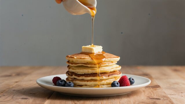 Stack of pancakes with syrup pour