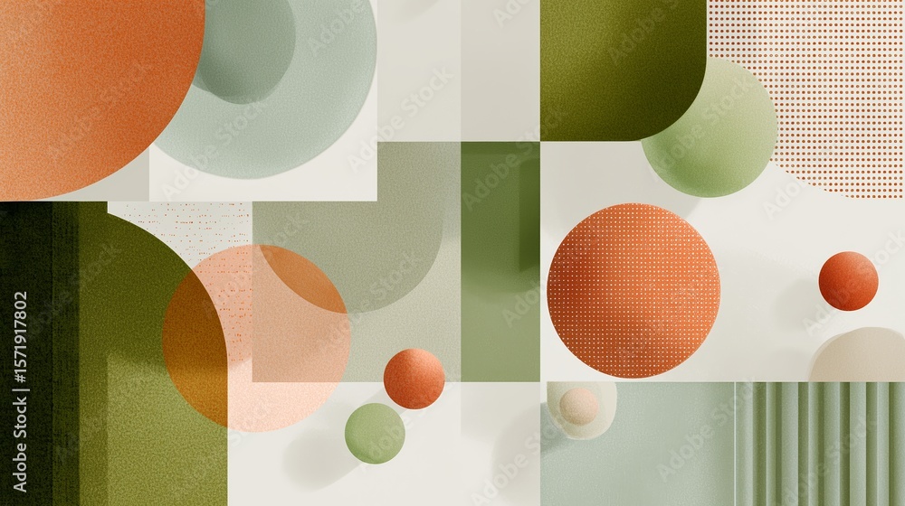 Poster abstract geometric design featuring colorful circles and shapes in earthy tones and soft textures