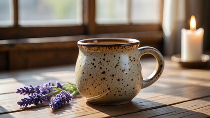 Warm Herbal Tea in Speckled Ceramic Mug on Wooden Table