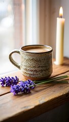Warm Herbal Tea in Speckled Ceramic Mug on Wooden Table