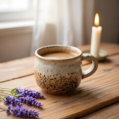 Warm Herbal Tea in Speckled Ceramic Mug on Wooden Table