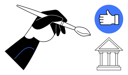 Hand holding a paintbrush, blue thumbs-up icon, and outline of a classic building. Ideal for creativity, art, design, approval, institutions, culture education simple landing page