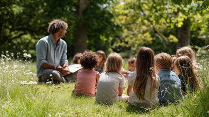 Fototapeta premium Children gather around a storyteller in a lush green park during a sunny afternoon