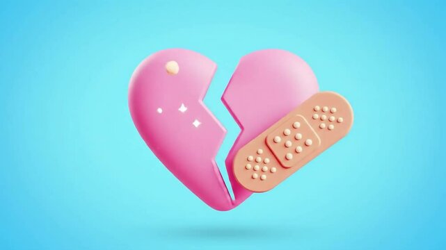 Cartoon rendering of a pink broken heart being mended with a bandage, sparkling on a blue background