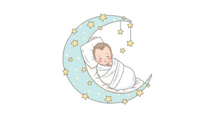 Illustration of a baby sleeping on a crescent moon decorated with stars on a white background