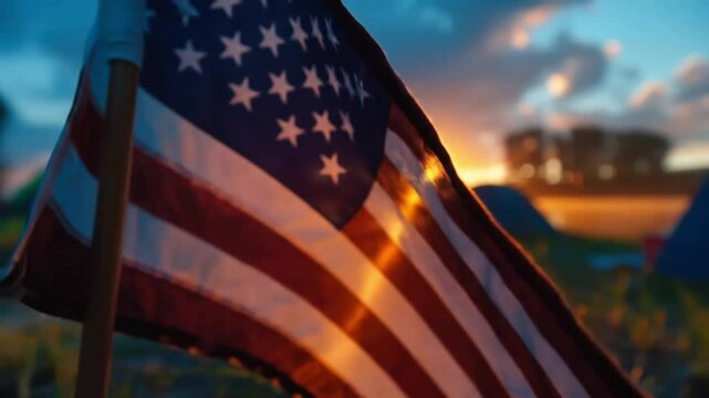 US flag at half mast in morning fog, soft cinematic light, empty field, slow motion wind, solemn tribute, realistic film style