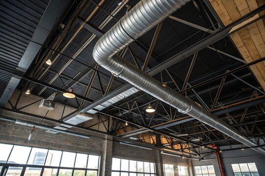 Industrial Interior Design Featuring Exposed Metal Beams and Ventilation Pipes