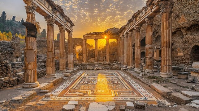 Ancient ruins bathed in sunrise. Mosaic floor gleams