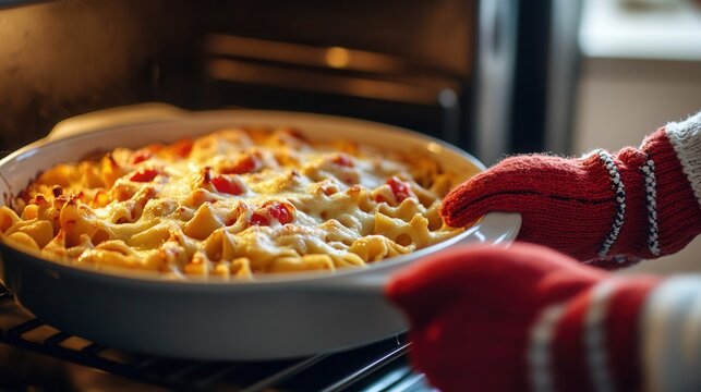 Hands with oven mitts are taking out a baked rigatoni with tomato sauce and mozzarella