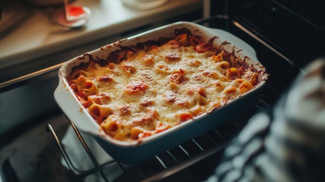 A baked rigatoni dish with tomato sauce and mozzarella cheese is in the oven
