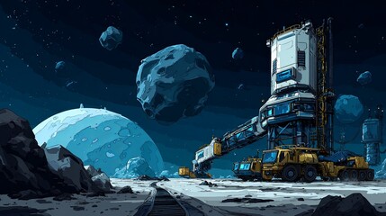 Asteroid mining operation with space technology 4K Seamless loop animation