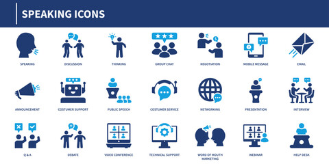 Speaking icons collection on solid style includes speech, conversation, discussion, debate, meeting, podcast, interview, voice, presentation solid style