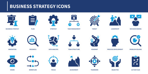 Business strategy icons collection featuring plan, strategy, target, workflow, roadmap, teamwork, leadership, vision, research, objective, solid style