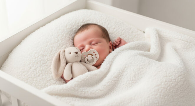 A newborn baby sleeping peacefully in a white crib with a bunny toy and a pacifier in its mouth