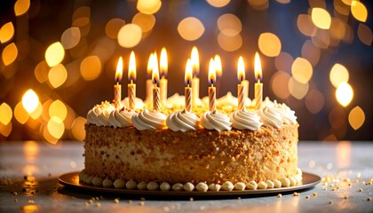 Festive cake with lit candles, soft focus bokeh backdrop