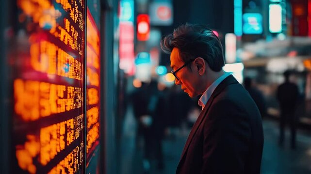 Man watches stock tickers on bright city wall - Powered by Adobe