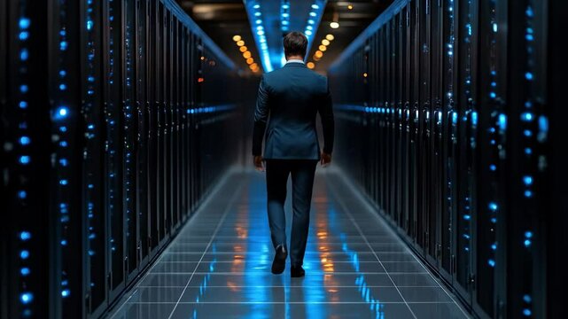 Man walks down server room aisle