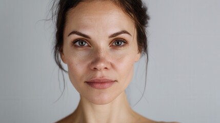 A beautiful brunette woman looks directly at the camera in a studio portrait