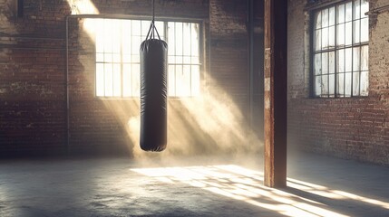 A punching bag hangs in a sunlit, vintage boxing gym